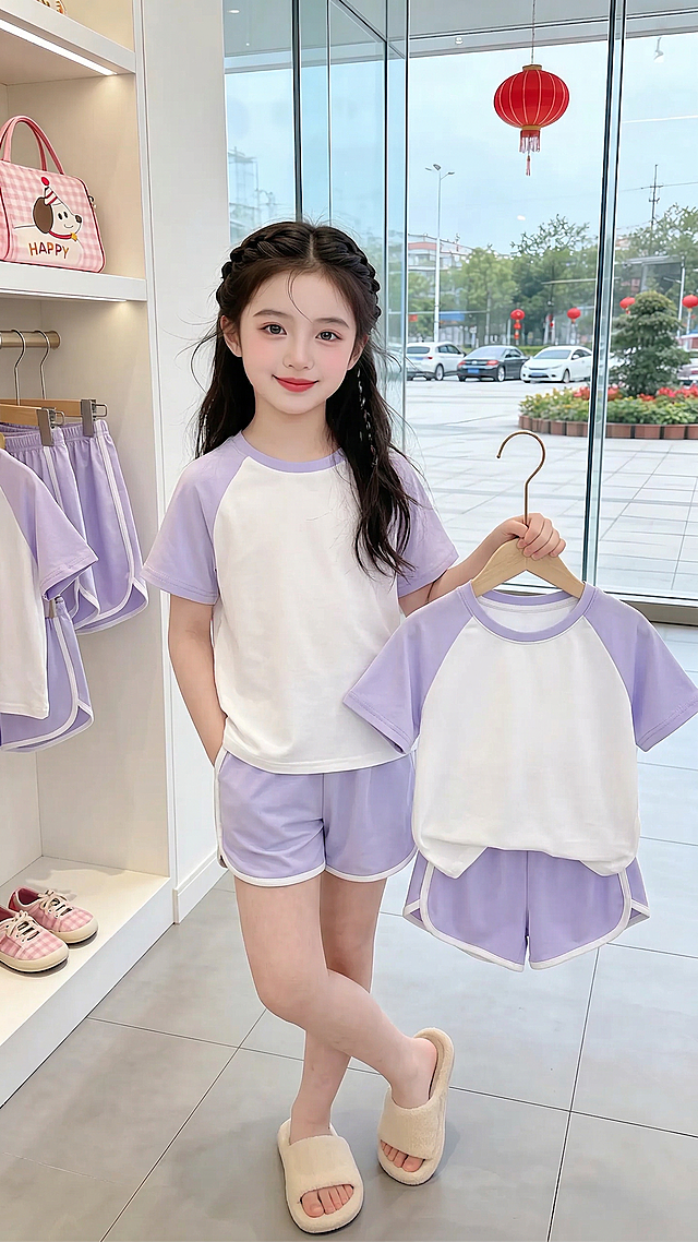 用图1短袖和裤子替换掉图2的模特身上穿的衣服裤子和模特旁边衣柜里衣架上挂着的衣服裤子，保留原场景光影，保持图2的人物的五官和发饰不变，姿势不变，拍摄角度不变，模特的朝向不变，背景不变，图片宽高尺寸不变，保持图1的短袖和裤子的款式材质不变和颜色不变，高清