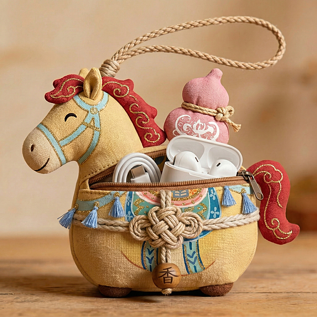 将这个小马形状的布制包包的拉链打开，在包内拉链位置放入蓝牙耳机和数据线，保持包包整体风格、颜色、细节完全不变，画面自然真实