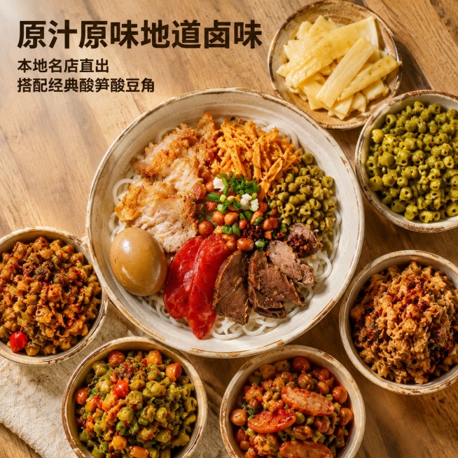[主图-2] 桂林米粉核心卖点展示，卤水酸笋酸豆角原料图
[氛围风格] 真实食材展示，接地气市井风，突出新鲜正宗
[画质] 商业摄影质感，微距细节清晰，光线通透，食材新鲜诱人
[元素] 保持桂林米粉粉预览效果