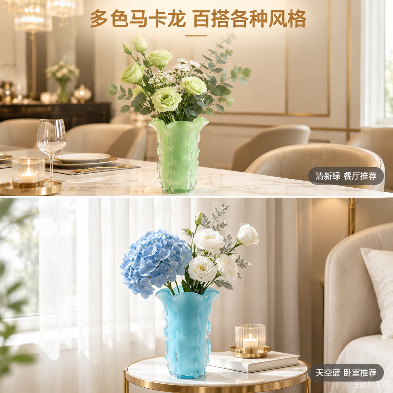 [主图-3] 多色款风格搭配展示，呈现马卡龙绿与马卡龙蓝两款花… - 图片创意预览