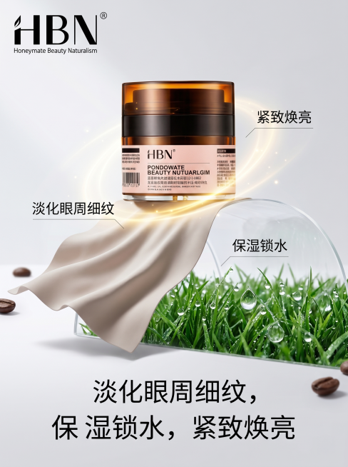 高清商业摄影海报，HBN眼霜产品静物展示，纯净浅灰白色渐变干净简洁背景，浅棕色产品与冷色背景形成对比，营造清新质感。采用隐喻创意设计：用衣服褶皱体现淡化眼周细纹去皱功效，用草皮保湿体现保湿锁水功效，突预览效果