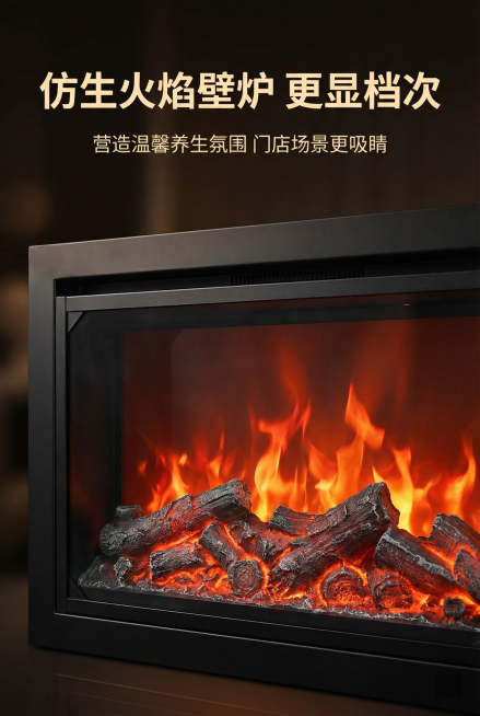 [主图 5] 仿生火焰壁炉细节展示
[氛围/风格]高端氛围感，暖调温馨，提升档次
[画面元素]特写展示产品正面的仿生火焰壁炉，仿真木炭搭配跳动的橙红色火焰，效果逼真氛围感强，提升整体档次，产品金属外框预览效果