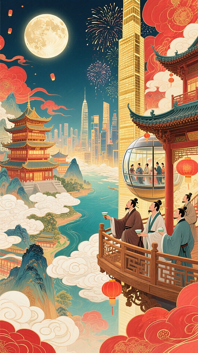 一侧，古代木质观景台，古代文人聚此，举着酒樽、凭栏望圆月、山河；另一侧，现代摩天楼高空观景舱，现代游客透过全景玻璃，赏烟花，背景古楼阁与城市高楼相融合，明月照。整体画面充斥着华丽的金色和喜庆的红色，奇幻色彩和光影变化，具有丰富的层次感和立体感，体现繁荣昌盛喜庆氛围，梦幻的大透视