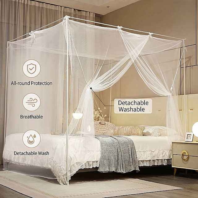 [主图 3] 蚊帐卖点拆分功能图，展示可拆卸清洗卖点。[氛围风格] 温馨舒适家居治愈风，功能清晰直观。[画质] 商业摄影质感，光线柔和通透，产品清晰真实，画面干净高级。[元素] 保持蚊帐产品整体外观，颜色与输入图片绝对一致，杜绝任何变形和色差。画面主体为蚊帐，使用简洁的英文标注配合引线指向蚊帐纱帘部分，标注文字 "Detachable\nWashable"，在画面左侧采用三列图标加文字的形式展示三大卖点：第一个图标对勾加文字 "All-round Protection"，第二个图标风加文字 "Breathable"，第三个图标水滴加文字 "Detachable Wash"。保持画面干净简约，不杂乱。商品主体占比约65%。[光影] 均匀柔和自然光，光影层次清晰，卖点标注清晰可见。[配色] 背景浅米白，文字深色，图标柔和色系，整体干净协调。[视角构图] 平视居中构图，功能分区清晰。[比例分辨率] 1:1 比例，2k 分辨率，超高清。[负向提示词] 变形，水印，文字错乱，产品模糊，背景杂乱，中文内容，夸大词汇