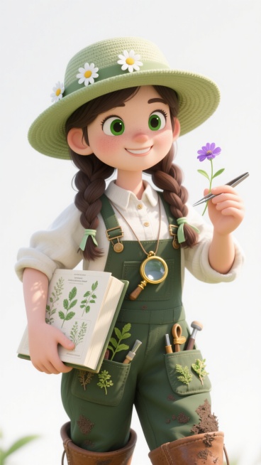 特写镜头，3D风格卡通人物，白色背景。一位年轻的植物学家，戴着浅绿色宽檐草帽，草帽边缘别着三朵小雏菊，深棕色长发编成两条松散的麻花辫垂在胸前，发梢系着浅绿色丝带。她有着明亮的翡翠绿色眼睛，眼角微微上扬，露出温和而专注的笑容。身穿奶油白色亚麻衬衫，袖口随意卷起露出小臂，外搭一件深绿色背带裤，裤腿上缝着多个口袋，里面露出各种植物标本和小工具，脚穿棕色牛皮短靴，沾着少许泥土。左手捧着一本厚厚的植物图……预览效果