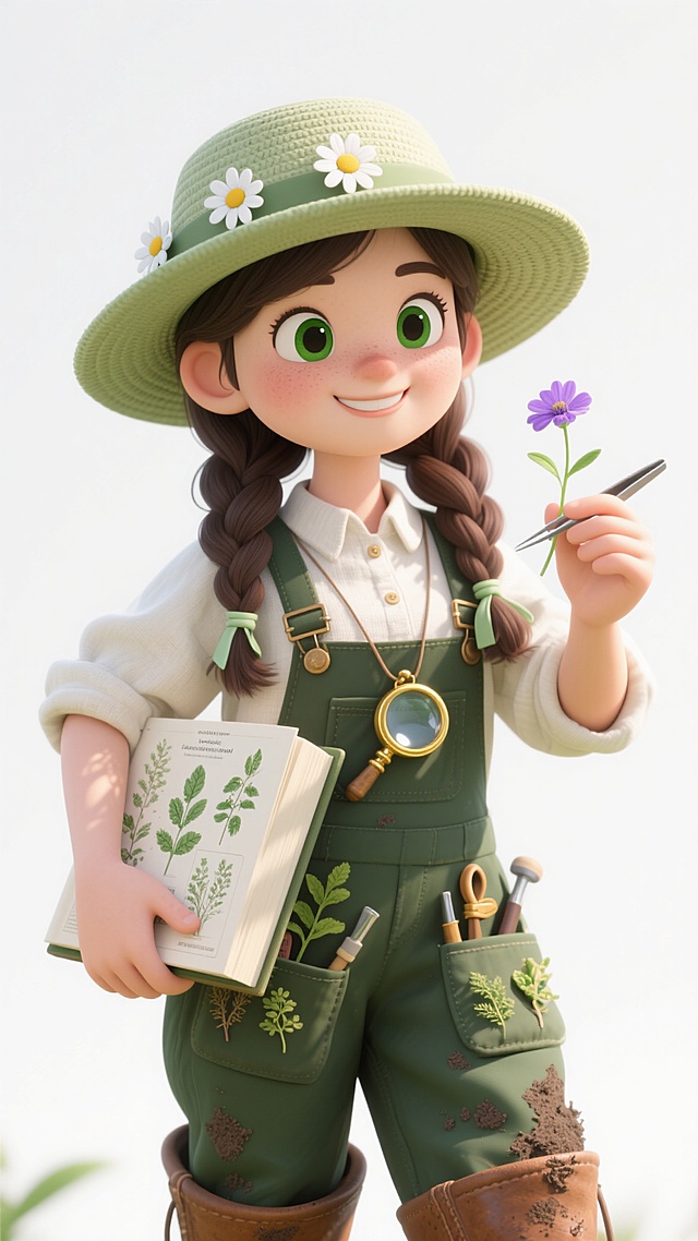 特写镜头，3D风格卡通人物，白色背景。一位年轻的植物学家，戴着浅绿色宽檐草帽，草帽边缘别着三朵小雏菊，深棕色长发编成两条松散的麻花辫垂在胸前，发梢系着浅绿色丝带。她有着明亮的翡翠绿色眼睛，眼角微微上扬，露出温和而专注的笑容。身穿奶油白色亚麻衬衫，袖口随意卷起露出小臂，外搭一件深绿色背带裤，裤腿上缝着多个口袋，里面露出各种植物标本和小工具，脚穿棕色牛皮短靴，沾着少许泥土。左手捧着一本厚厚的植物图鉴，右手正用镊子小心翼翼地采集一朵紫色野花，胸前挂着一个黄铜放大镜，阳光透过草帽在她脸上形成斑驳的光影，整体色调是清新的草绿与奶油白的和谐搭配，光影柔和，高光细腻，3D质感过渡平滑。
