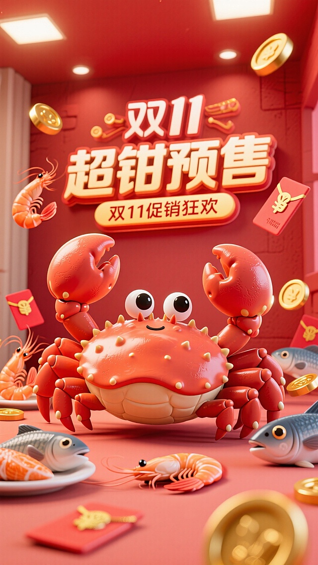 以卡通帝王蟹形象为核心，搭配生鲜美食，带有红包、优惠券、金币等促销元素，墙上有文字“超“钳”预售”，下面有设计感小字“双11促销狂欢”，以红色色调为主的双11促销氛围