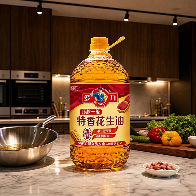 超写实商品摄影。
主体：花生油桶严格参照上传产品图，完整保留所有可见组件、部件、轮廓、结构、比例、材质、颜色与产品本体上的文字信息（logo/型号/规格/参数/浮雕/刻度等），与上传图完全一致；自然融入场景光影，与场景共处同一物理空间。产品占画面约55%，完整不裁切，中景构图，背景无其他同类食用油产品。
构图：三分法，正面平视微俯8°。
风格：现代中岛厨房。
场景：开放式厨房中岛大理石台面，傍晚暖光。
空间：①岛台，卡拉拉白大理石台面带灰色纹理；②背景，深色木纹橱柜与嵌入式不锈钢电器；③上方，黑色轨道灯与暖光筒灯。
陈设：①油桶左侧，一只不锈钢炒锅斜放，锅内有一层薄金黄油膜；②油桶右前方，一只白色陶瓷调味碟放着花生仁；③岛台后方，一块深色胡桃木砧板上摆着新鲜蔬菜。
配色/材质：大理石白/胡桃棕/不锈钢银/瓷白/油金黄；大理石/实木/不锈钢/陶瓷/塑料。
光影：主光来自上方轨道灯暖白色聚光，辅以下方橱柜灯带暖黄光；油桶正面明亮，桶身油液有金色高光，大理石台面有精致反光。
参数：写实光追。严格锁定宽高比为1:1。