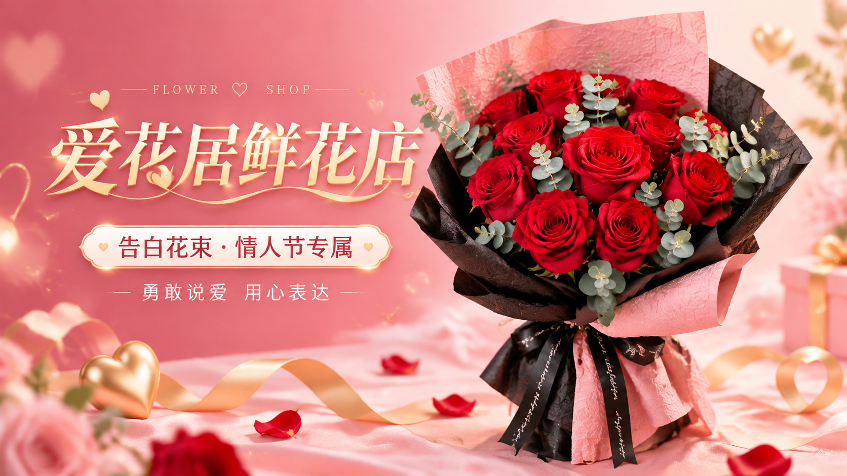 设计一张告白主题鲜花店主图Banner，16:9横版。画面主体… - 图片创意预览