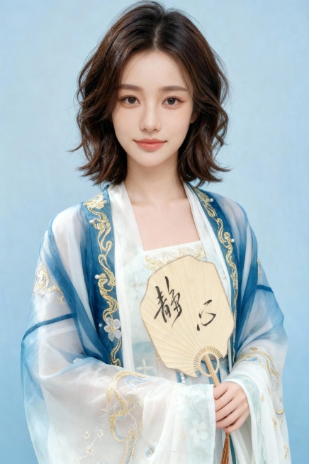 以图1人物、人物半身构图、照片比例为蓝本，将图2中人物的服饰和姿态替换到图1人物身上，生成1张汉服着装的人物半身图预览效果