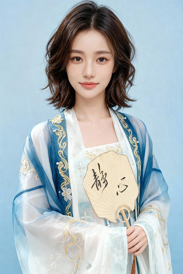 以图1人物、人物半身构图、照片比例为蓝本，将图2中人物的服饰和姿态替换到图1人物身上，生成1张汉服着装的人物半身图