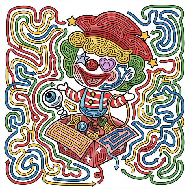 图中的惊喜盒小丑形象轮廓用3px粗细的多彩蜿蜒线条完全填充，线条颜色包含红、黄、蓝、绿、黑等高饱和对比色，每条线条末端带有黑色箭头指示方向，形成无交叉的连续迷宫路径，线条迷宫艺术风格，纯白色背景突出主预览效果