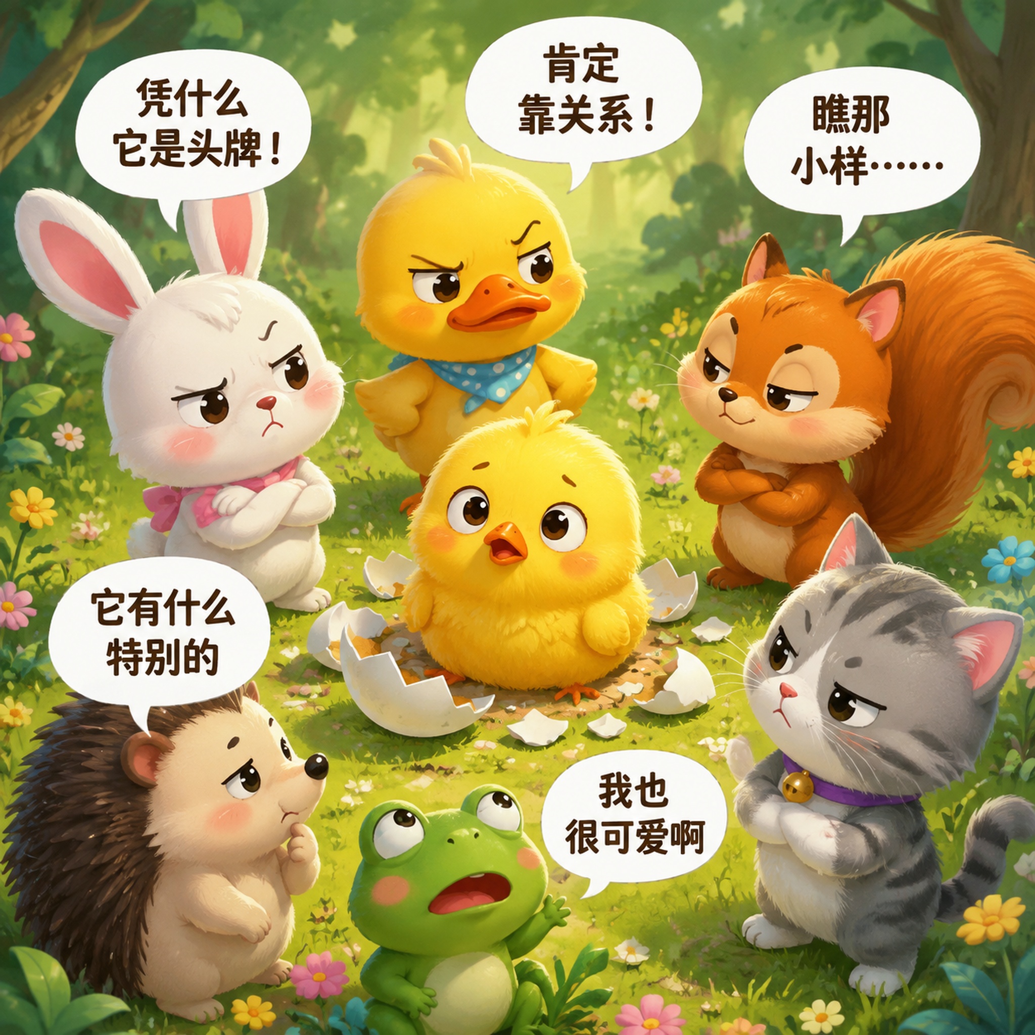 卡通插画风格，画面中央是一只刚破壳而出的可爱小黄鸡，毛茸茸的黄… - 图片创意预览