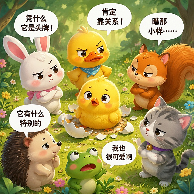 卡通插画风格，画面中央是一只刚破壳而出的可爱小黄鸡，毛茸茸的黄色绒毛，圆溜溜的大眼睛，表情天真懵懂，身边散落着白色的蛋壳碎片。小黄鸡周围环绕着一群可爱的森林小动物，包括小白兔、小鸭子、小松鼠、小刺猬、小青蛙和小花猫，它们围成一个圈。每只小动物头上都有一个白色对话气泡，气泡里有中文文字，内容分别是："凭什么它是头牌！"、"肯定靠关系！"、"瞧那小样……"、"它有什么特别的"、"我也很可爱啊"。小动物们的表情各异，有的撇嘴、有的挑眉、有的叉腰，整体呈现出一种有趣的议论纷纷的氛围。色彩鲜艳明亮，画风可爱治愈，构图居中饱满。