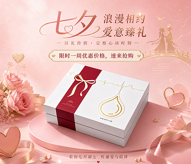 基于上传的礼盒产品图，生成七夕主题海报。整体采用粉色磨砂高级质感风格，简约高级，高清精致。礼盒保持原有的外包装尺寸比例不变，放置在画面视觉中心，光影柔和高级。背景为粉色磨砂渐变质感，营造浪漫七夕氛围。画面中加入七夕节日元素，点缀精致的金色装饰细节。海报上清晰展示促销文字："限时一周优惠价格，速来抢购"，字体优雅高级，与整体风格协调统一。