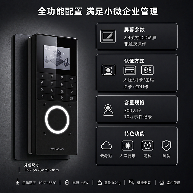 [主图-5] 人脸门禁规格参数与功能总览决策图
[氛围风格] 高端科技风 信息图风格 专业清晰 黑银配色
[画质] 商业摄影质感 参数清晰 排版规整 产品真实
[元素] 画面左侧展示海康威视人脸门禁一体机侧面45度视角，展示机身厚度与壁挂安装结构，约占画面35%。右侧为规格参数信息区域，采用分组卡片式布局。背景为深炭灰色渐变，简洁专业。保持产品外观与输入产品图完全一致，无变形色差。
[光影] 主光从左上方照射产品侧面，形成银色轮廓高光，体现机身厚度与质感；产品屏幕与补光灯微弱发光；整体光影统一，暗部有层次。
[配色] 主色调深空黑+炭灰背景；辅助色金属银（描边、图标）；强调色冷白（数据高亮）。沿用主图1色板。
[视角构图] 产品居左，参数信息居右，左右分屏构图，信息密度较高但条理清晰，平视角度。
[文字版式] 顶部居中大标题"全功能配置 满足小微企业管理"白色粗体无衬线大字。右侧参数区分四组，每组用深色圆角卡片+银色细描边：第一组"屏幕参数" 2.4英寸LCD彩屏 非触摸操作；第二组"认证方式" 人脸/刷卡/密码 IC卡+CPU卡；第三组"容量规格" 300人脸 10万事件记录；第四组"特色功能" 云考勤 人声提示 闹钟 防伪。底部补充一行技术参数小字：工作温度-10°C~55°C 电源≤6W 重量0.2kg 壁挂安装 室内使用。左下角标注"外观尺寸 192.5×78×29.7mm"。所有文字清晰可读，层级分明，标题粗体白色，内容细体银灰色。
[输出要求] 1:1比例，文字清晰可辨，超高清商业摄影质感。
[负向提示词] 产品变形，文字错乱模糊，背景杂乱，水印，电商平台Logo，参数错误。