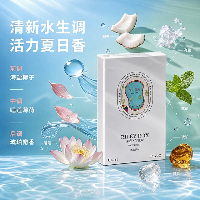 [主图-2] 核心香调解析 水生调成分可视化
[统一基调] 水上派对夏日泳池风，清新蓝绿主色调，白色辅助色，珊瑚橙点缀色，干净非衬线字体，高级商业摄影质感，明亮通透光影
[画面] 画面中央偏右位置放置水上派对正装香氛盒（白色长方体，正面椭圆形泳池图案），香氛盒周围悬浮着各种水生调成分元素：清澈的水滴、蓝色的水波纹、海盐结晶、薄荷叶、睡莲花瓣、椰子果肉切片，成分元素用细线连接到香氛盒，每个成分旁有小字标注名称。背景是渐变的浅蓝色到薄荷绿，带有朦胧的水波纹纹理，底部有淡淡的泳池水面倒影。左侧大标题：清新水生调 活力夏日香，下方分三行小字：前调 海盐椰子 中调 睡莲薄荷 后调 琥珀麝香
[光影质感] 柔和顶光，成分元素有通透的玻璃质感和水珠反光，香氛盒有自然光影，整体明亮通透，水润质感
[配色] 主色浅蓝+薄荷绿渐变，白色文字，点缀少量珊瑚橙，整体清爽水润
[文字版式] 左侧上下排版，主标题大号粗体，香调说明中号字体，成分标注小号字体，文字不遮挡产品主体
[输出要求] 1:1正方形，2048×2048，2K高清，文字清晰可读，产品清晰不变形，无错字，无水印，无平台Logo，画面干净高级