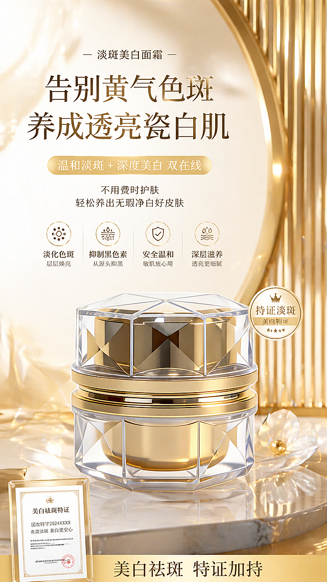 产品宣传海报，展示这款淡斑美白面霜产品，海报宣传文案：告别黄气色斑 养成透亮瓷白肌，温和淡斑+深度美白双在线，不用费时护肤，轻松养出无瑕净白好皮肤，持证淡斑，整体风格高端奢华护肤美妆，色调以金色和白色为主，高级质感，9:16竖版