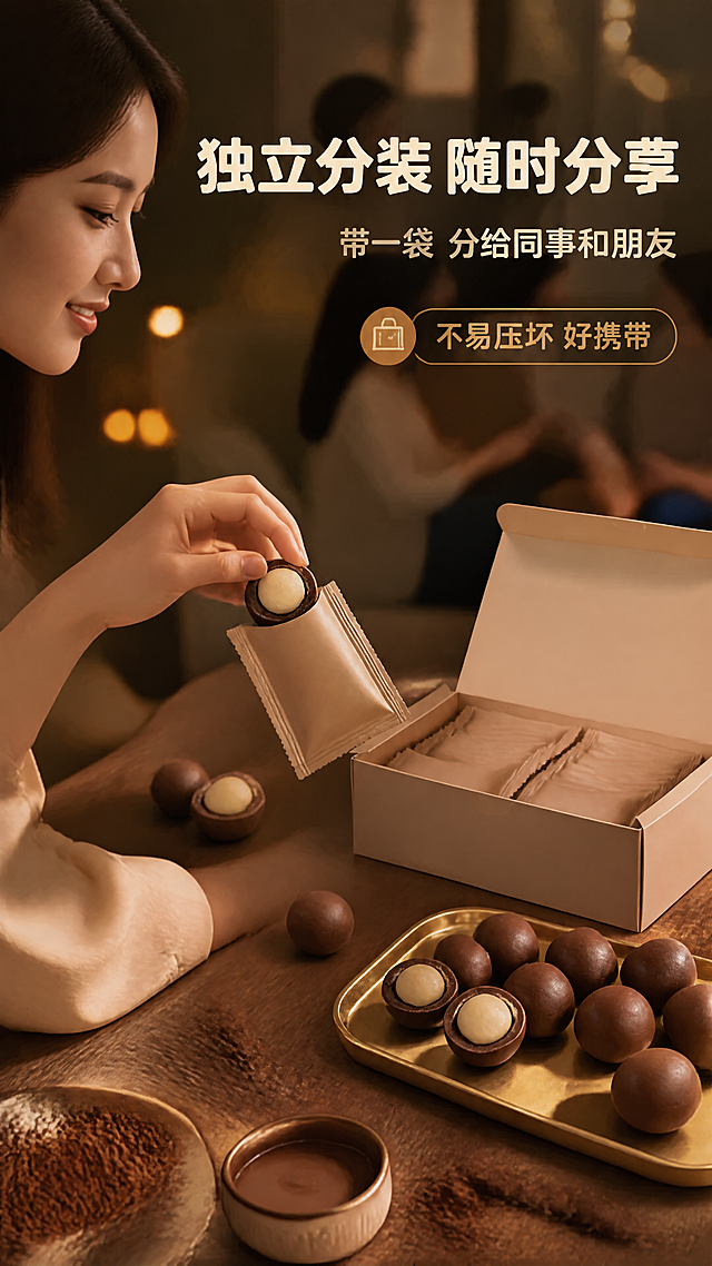 [商品] 使用【图1】黑巧克力脆皮夹心球；一只干净的手从浅可可色无字独立密封小袋中取出一颗球体，产品与浅可可色分装盒同框，保留产品深棕外壳与浅米黄奶油芯的颜色与结构，分装袋与盒体不出现任何品牌文字。
[画面] 分享氛围与便携展示：一位亚洲年轻女性侧身坐于木质餐桌旁，手取独立分装的巧克力球递向桌面浅可可色分装盒，产品与分装同框占画面约60%，桌面另有散落球体与暖金托盘，后景虚化客厅暖光与朋友身影，形成前景手部、中景产品、后景人物虚化三层；动作自然放松。
[视觉] 套系策略：风格=抖音食品微距食欲商业摄影，暖调深可可影棚质感；标题字=圆润现代黑体加粗；正文字=清晰思源黑体常规；主色=深可可棕（#3B241C）；背景延展=深可可棕深浅渐变并叠加可可粉与巧克力酱细腻材质；强调色=暖金（#D9A24A），仅用于小面积图标、引线和标签；标题色=暖奶油白；正文色=暖奶油白半透明；组件=圆角深底信息卡、细金线引线；光影=室内暖光+侧逆勾边。
[文字] 主标题“独立分装 随时分享”，副标题“带一袋 分给同事和朋友”，短卖点“不易压坏 好携带”；全部横向排版置于右下方与上方留白，不遮挡手部与产品。
[规格] 图片比例9:16竖版，4K，所有文字仅横排；避免变形、错字、文字过小、冷蓝色调、手部畸形、品牌字样、竖排或旋转文字。
