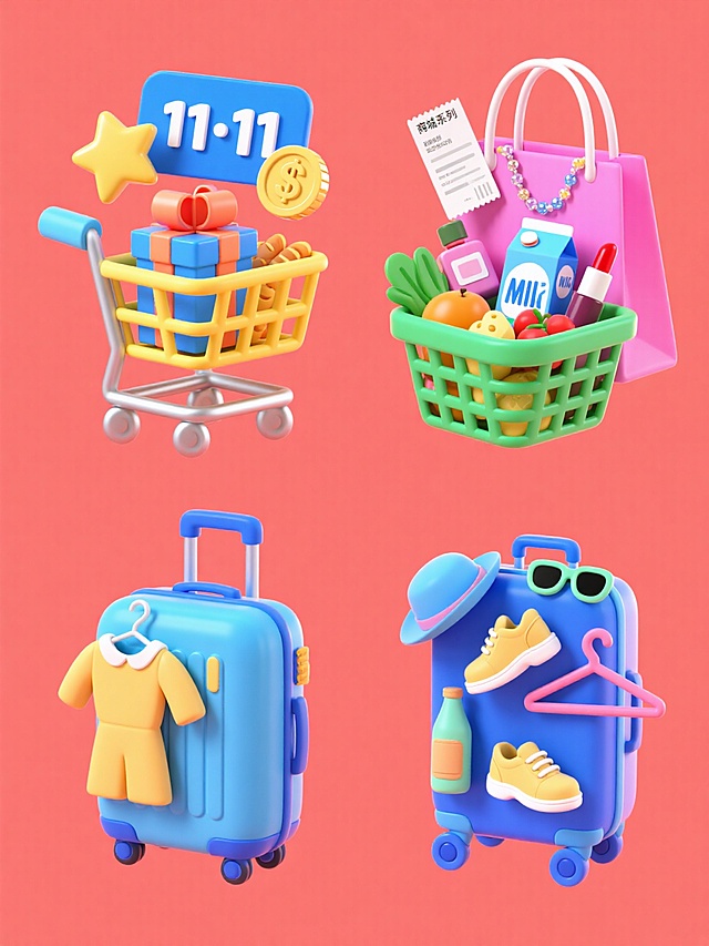软3D风格微缩艺术，卡通感十足的购物场景，色彩明快，体积感强，融合可爱元素与促销信息，展现双11节日氛围。