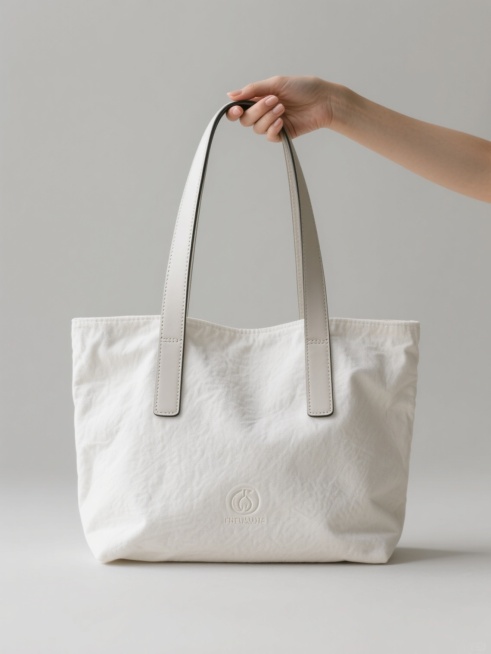 高质感产品摄影风格，极简主义设计，纯浅灰色背景，柔和均匀的顶光照明，清晰的阴影细节，一只女性的手（肤色自然，指甲修剪整齐，姿态自然放松）从上方握持着手提袋的提手，手提袋主体为白色帆布材质，具有细腻的纹理和轻微的褶皱感，变换为带有简约皮革拼接装饰的款式，提手设计为宽扁的皮革材质并与袋身形成对比色拼接，袋身正面有精致的压纹品牌标识，整体保持干净利落的线条和高级感，构图居中对称，画面纯净无其他元素，……预览效果