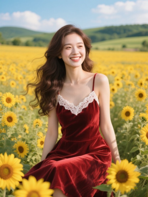 一位笑容明媚的年轻美女，拥有一头柔顺飘逸的深棕色长卷发，发丝在微风中轻轻拂动。她身着一件法式复古风格的酒红色丝绒吊带连衣裙，领口处点缀着精致的白色蕾丝花边，裙摆呈优雅的A字型。她坐在一片金黄色的向日葵花田中央，阳光透过花丛洒在她身上，形成温暖柔和的光影效果。背景中可以看到远处的绿色丘陵和湛蓝的天空，几朵白云悠闲地飘着。整体画面采用高清写实的摄影风格，色彩鲜明和谐，光线明亮自然，营造出浪漫而惬意……预览效果