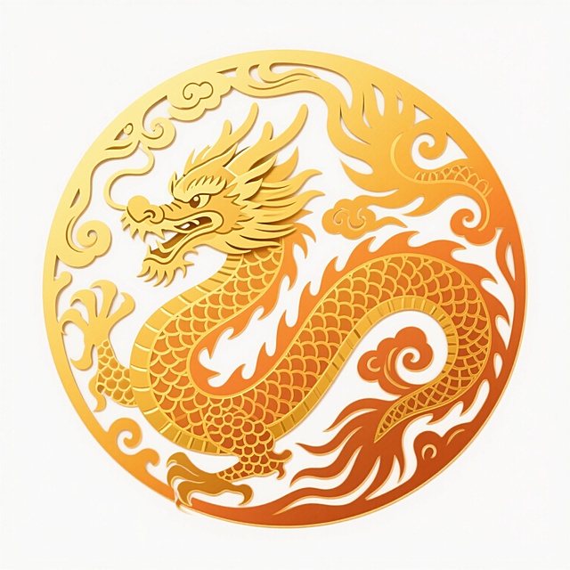 金色渐变龙纹图腾，中国传统风格，龙首昂扬，龙身盘绕，鳞片与卷云纹细节丰富，采用剪纸式轮廓与金属箔质感，暖黄色调从亮金过渡到橙金，边缘锐利清晰，整体呈圆形构图，线条流畅且富有动感，展现威严庄重的东方神韵，适合作为徽章或装饰元素使用，无背景纯白底。
