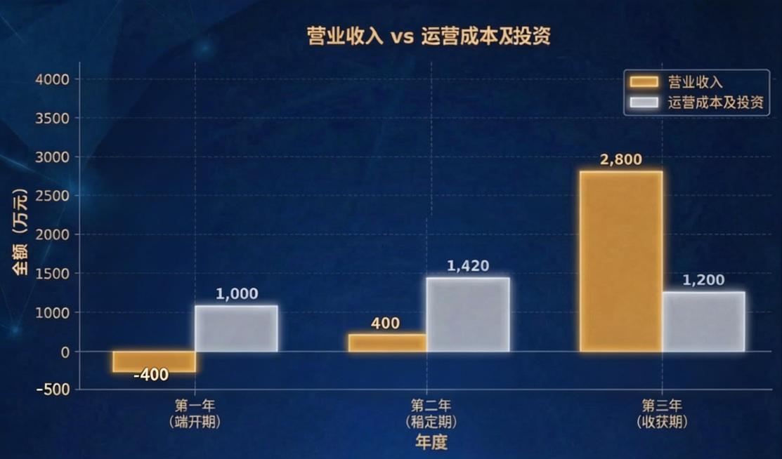 保持原图整体风格、其他内容不变，扩展左侧纵坐标轴向下添加-500刻度；删除第一年0刻度以上标注4,000的橙色营业收入柱状图，在0刻度以下向下绘制一个延伸至-400刻度位置的橙色柱状图，标注文字改为-预览效果