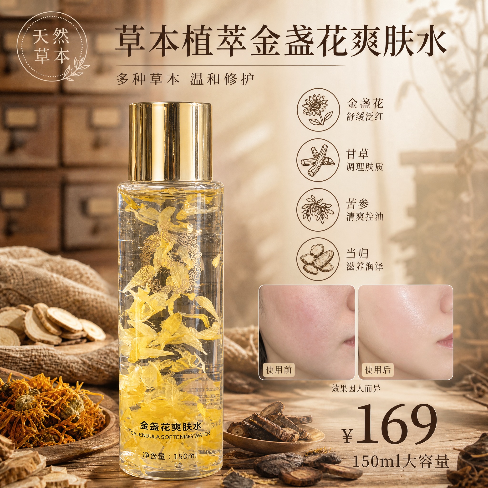 [单张主图] 草本植萃金盏花爽肤水 小红书中药草本风格高级氛围… - 图片创意预览