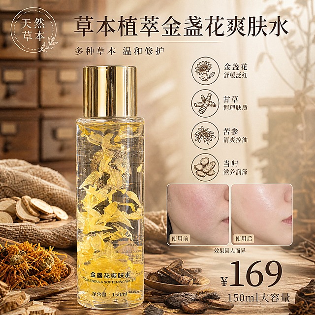 [单张主图] 草本植萃金盏花爽肤水 小红书中药草本风格高级氛围感主图 1:1比例 单图同时承载点击理解信任转化四个任务

[画面主体] 画面中心偏左放置一瓶金盏花爽肤水，瓶身透明内含黄色花瓣，金色瓶盖，瓶身标签文字与输入产品图一致，产品外观、颜色、结构、Logo、净含量150ml均与输入产品图完全一致，主体占画面约45%，瓶身完整不裁切

[构图版式] 采用原生成分型+左文右物场景型混合版式，产品居中偏左，右侧和上下留白区排布文字信息与成分装饰元素，底部放置价格信息，中下部放置使用前后对比小图

[场景元素] 中药草本风格背景，暖棕米色调，背景为虚化的中药柜、麻布、干草本植物、木质台面，画面中散落摆放多种晒干的草本植物原料，可见金盏花、甘草、当归、苦参等晒干后偏黑褐色的中药材片段，部分草本用细线引线标注名称，营造古法草本熬制的天然药妆氛围，台面有柔和的植物投影

[使用前后对比] 画面中下部左右并排放置两个圆角小图框，左侧标注"使用前"展示皮肤泛红粗糙状态，右侧标注"使用后"展示皮肤水润透亮状态，同角度同光线真实对比不夸张，下方小字"效果因人而异"

[文案版式] 所有文字清晰可读，不遮挡产品主体：
顶部左侧主标题大字"草本植萃金盏花爽肤水"
主标题下方副文案"多种草本 温和修护"
右侧纵向排列3组成分卖点图标加文字：
"金盏花 舒缓泛红"
"甘草 调理肤质"
"苦参 清爽控油"
"当归 滋养润泽"
底部右侧醒目价格"¥169"，旁边小字"150ml大容量"
左上角轻量圆形印章"天然草本"

[光影质感] 自然柔光从左上方斜射，瓶身有柔和高光和通透折射，草本干材有真实纹理和阴影，整体暖调柔光，浅景深背景虚化，产品清晰锐利，商业静物摄影质感，真实不浮夸

[配色字体] 主色调暖棕米白+草本黄+深褐色点缀，字体选用细衬线宋体风，主标题字重适中偏大，辅助文案缩小50%以上，价格用深褐色加粗突出，整体克制高级有中药房氛围感

[合规要求] 不出现生产厂家 不出现化学成分名称 不写具体多少种草本只写多种草本 不出现绝对化用语 不夸张对比效果 不出现平台Logo水印

[负向提示词] 瓶身变形 标签错字 产品模糊 背景杂乱 人物畸形 手指异常 水印 伪Logo 悬浮感 边缘硬切 颜色偏差 化学成分结构式 西药元素 医院医疗元素