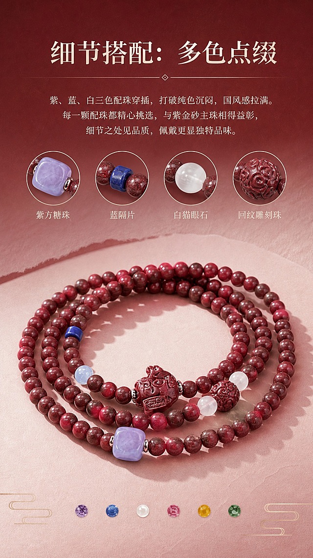 电商详情页卖点图，细节搭配卖点，9:16竖版，高级酒红到裸粉渐变背景带纸质感纹理，特写展示手串上的多种配珠：紫方糖珠、蓝隔片、白猫眼石、回纹雕刻珠，配多色宝石组合图标，大标题文字"细节搭配：多色点缀"，正文文字"紫、蓝、白三色配珠穿插，打破纯色沉闷，国风感拉满。每一颗配珠都精心挑选，与紫金砂主珠相得益彰，细节之处见品质，佩戴更显独特品味"，配珠排列展示清晰，产品外观与参考图完全一致