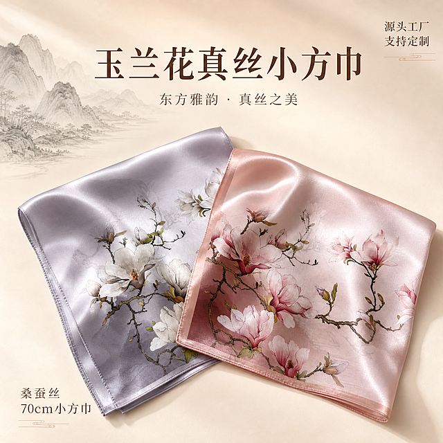 [主图-1] 玉兰花国风真丝小方巾 双款同框主视觉展示。
[统一基调] 东方雅致高级质感，浅米杏色柔焦背景，整体暖调柔光，字体用衬线宋体，主标题深棕褐色，辅助文字浅褐色，无厚重色块，画面干净有呼吸感。
[画面] 画面中央展示两条玉兰花印花真丝小方巾，一条为烟灰色底白玉兰款，一条为豆沙粉底粉玉兰款，两条丝巾呈45度角错落叠放，丝巾自然垂坠有丝绸光泽，边缘锁边清晰可见。丝巾占画面约70%，居中偏下位置。背景为浅米杏色渐变柔焦背景，左上角有淡淡的水墨山影装饰，营造国风氛围。画面右上角用小号衬线字体标注「源头工厂 支持定制」，左下角标注「桑蚕丝 70cm小方巾」。
[光影质感] 商业摄影柔光质感，主光从左上方45度打下，丝巾表面有柔和的丝绸反光，褶皱处有自然阴影，底部有轻微接触阴影，整体光影均匀通透，突出真丝材质的细腻光泽。
[配色] 主背景浅米杏色，丝巾分别为烟灰色+白色玉兰花、豆沙粉色+粉色玉兰花，文字深棕褐色+浅褐色，整体色调柔和雅致，国风氛围感强。
[文字版式] 主标题用大号衬线宋体，辅助文字用小号同系列字体，文字放在画面边角负空间，不遮挡丝巾主体，文字清晰可读。
[输出要求] 1:1正方形比例，丝巾图案清晰，材质质感真实，文字清晰无错字，画面干净无杂乱元素，无水印无平台Logo，禁止丝巾变形、印花模糊、颜色偏差。