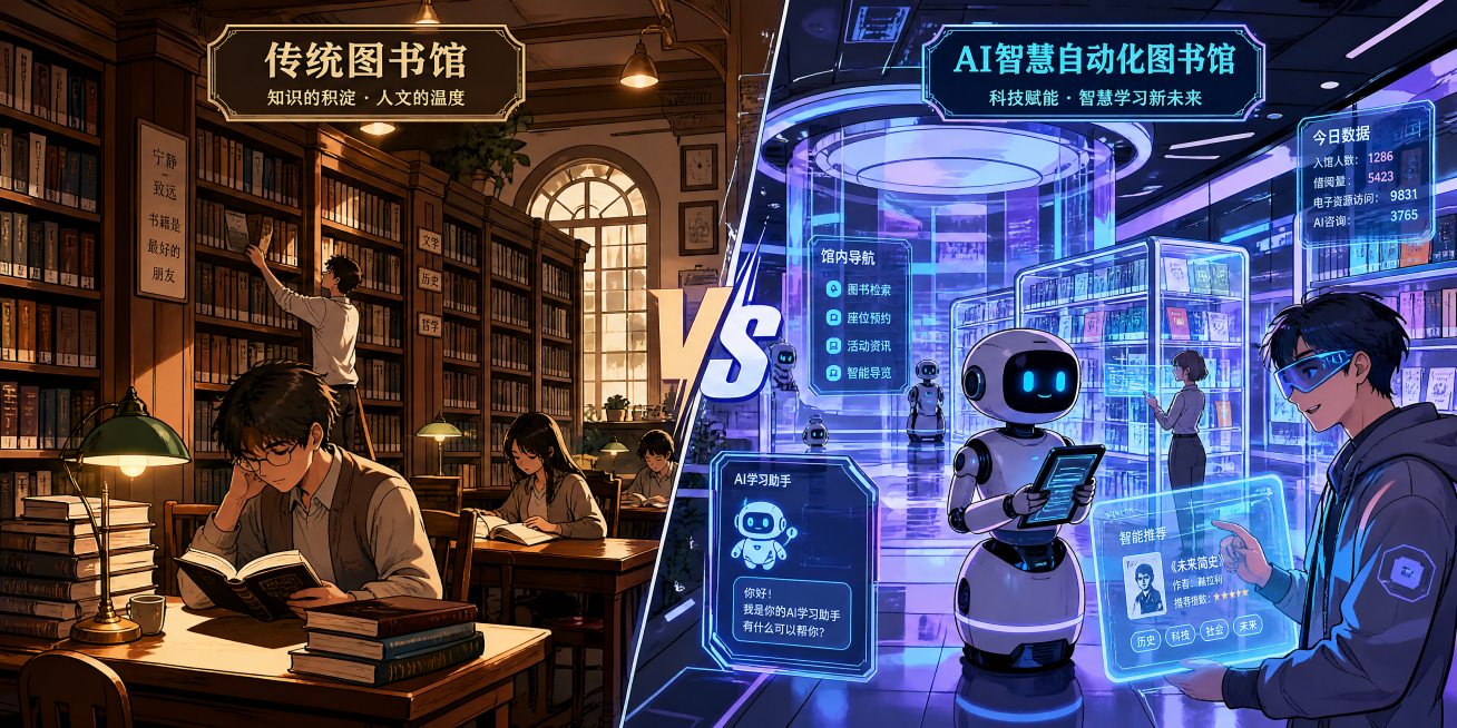左右对比图，漫画风格，左边是传统图书馆，木质书架，纸质书籍，读者看书，复古温馨氛围；右边是未来AI智慧自动化图书馆，科技感发光，机器人服务，智能设备，透明电子书架，科幻未来感，整体漫画线条清晰，色彩明预览效果