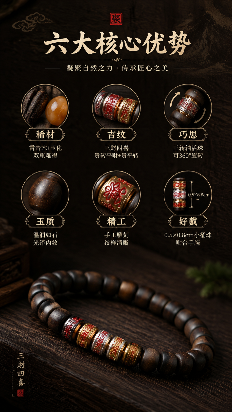 第2屏：核心卖点总览。基于image1-4手串，生成详情页第二… - 图片创意预览