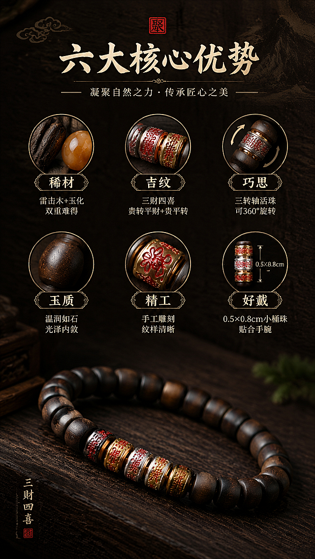 第2屏：核心卖点总览。基于image1-4手串，生成详情页第二屏，9:16竖版。要求：1. 产品外观不变；2. 暗调高级质感，深色木纹背景；3. 标题："六大核心优势"；4. 分六个图标式卖点：①【稀材】雷击木+玉化 双重难得 ②【吉纹】三财四喜 贵转平财+贵平转 ③【巧思】三转轴活珠 可360°旋转 ④【玉质】温润如石 光泽内敛 ⑤【精工】手工雕刻 纹样清晰 ⑥【好戴】0.5×0.8cm小桶珠 贴合手腕；5. 手串斜放在画面下方，整体排版清晰，国风质感。