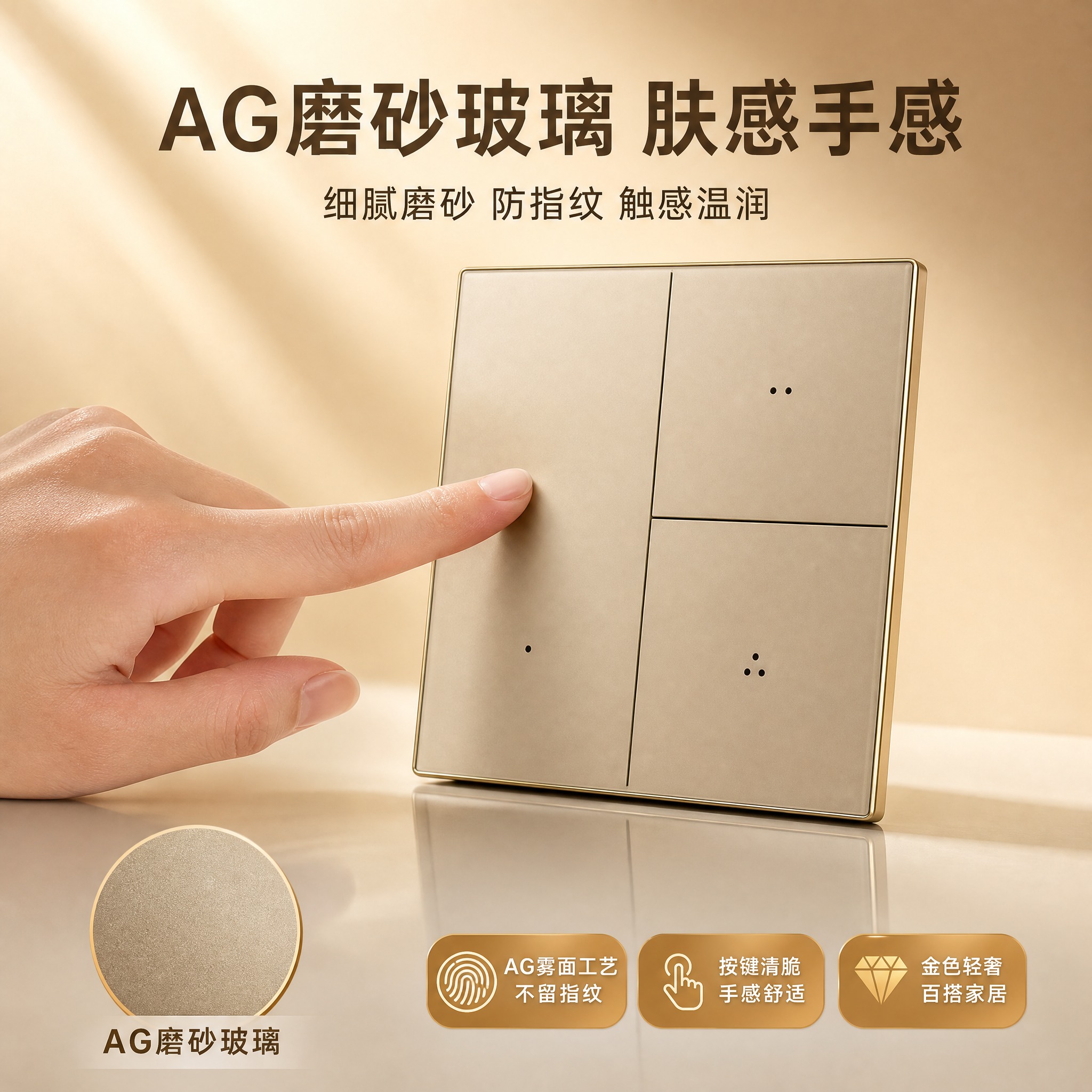 [主图3] 三开金色智能开关 AG玻璃手感 淘宝主图，高级质感… - 图片创意预览
