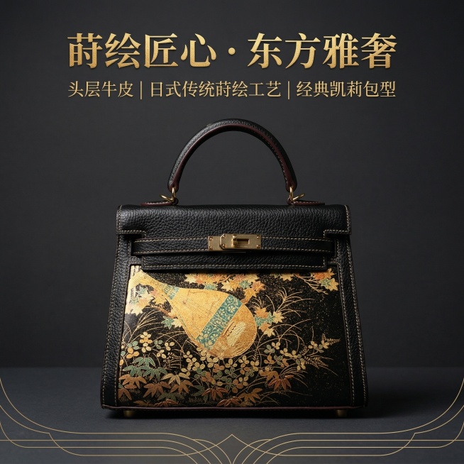 严格还原产品图的包装设计、颜色、LOGO位置、文字内容、图案元素等所有细节，主视觉为完整日式莳绘工艺凯莉款手提包，居中放置，正面朝向镜头，清晰展示包身荔枝纹牛皮与正面莳绘琵琶秋草纹样。顶部居中放置主标预览效果