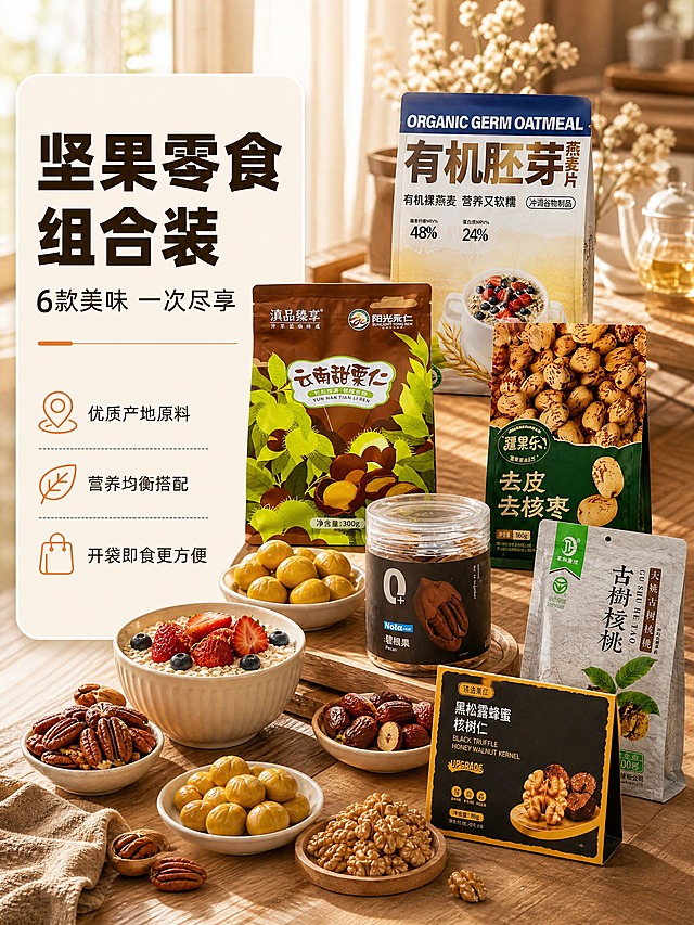 [商品] 使用【图1】场景种草页作为风格参考，提取暖棕米金主色调、圆角卡片、三段竖拼布局、粗黑体标题、左侧信息卡样式；生成第1张食欲氛围头图模板，产品使用碧根果罐装、古树核桃袋装、有机胚芽燕麦片袋装、云南甜栗仁袋装、去皮去核枣袋装、黑松露蜂蜜核桃仁盒装6款，保留每款包装结构颜色和文字。
[画面] 目标：食欲氛围头图模板，左文右图布局。右侧6款产品包装错落摆放在温馨木质餐桌上，前方散落对应实物：剥开的碧根果仁、核桃仁、冲好的燕麦碗配草莓蓝莓、金黄板栗仁、去皮红枣、黑松露核桃仁。背景暖光厨房场景，虚化窗帘、干花、玻璃杯。产品占画面60%。左侧为可编辑文字区，白底圆角信息卡。
[视觉] 套系策略：风格=自然暖阳食欲感商业摄影；标题字=粗黑体厚重有力；正文字=细黑体清爽可读；主色=暖棕+米白；背景延展=暖棕米白深浅层级、木质织物质感；强调色=暖橙红（图标/引线/标签）；标题色=深棕色；正文色=深灰色；组件=圆角白底信息卡、细线引线、线性小图标；光影=右侧45度暖逆光。
[文字] 左侧信息卡：主标题"坚果零食组合装"（粗黑大字号），副标题"6款美味 一次尽享"（中号），下方3个带图标的短卖点：优质产地原料、营养均衡搭配、开袋即食更方便。文字全部横排，左对齐。
[规格] 图片比例3:4竖版，4K，分层感清晰，文字区与产品区边界明确，便于后期编辑拆分。