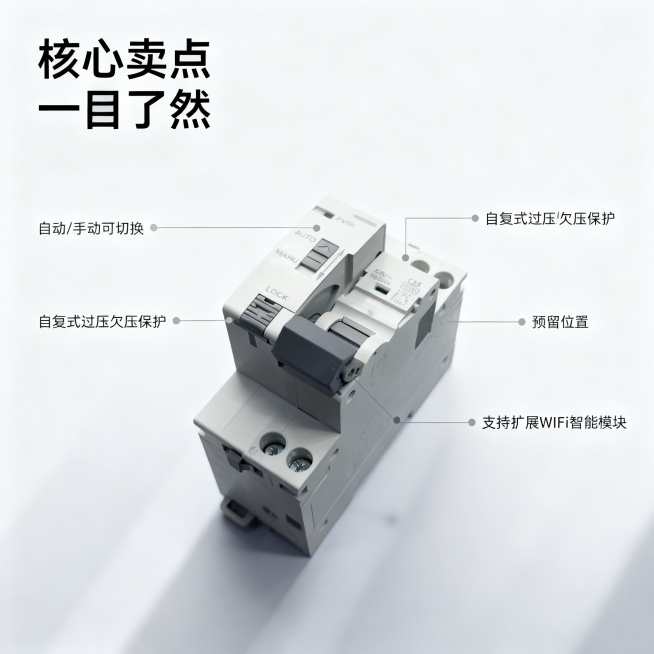 [主图2 核心卖点] DPN自动重合闸断路器，产品外观与原图一致，简约严谨科技风，使用卖点导图展示核心功能：用极细灰色引线连接各核心部位并标注功能：1.连接切换开关标注 "自动/手动可切换"，2.连接预览效果