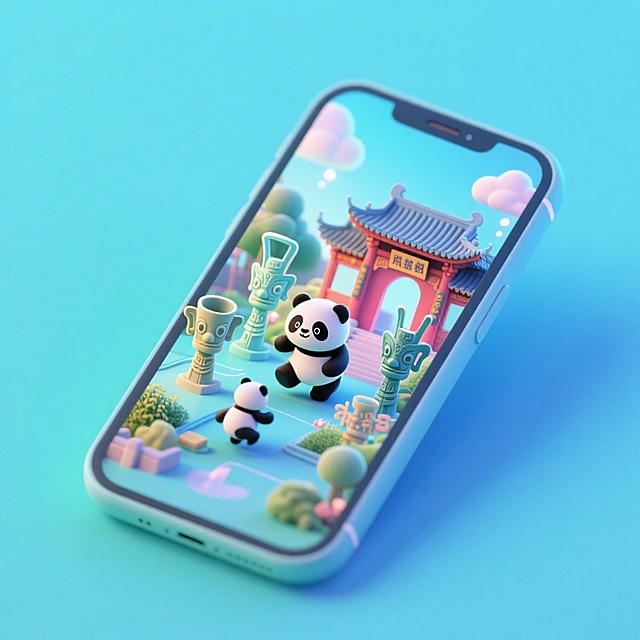 一个手机创意微缩场景，手机平放，侧面对着观众，手机俯视角度，立体的成都景观从屏幕内出来，有熊猫，三星堆，武侯祠，整体色调立体魔幻。青色背景。具有梦幻感,打光营造出柔和氛围强调梦幻和未来感的美学。