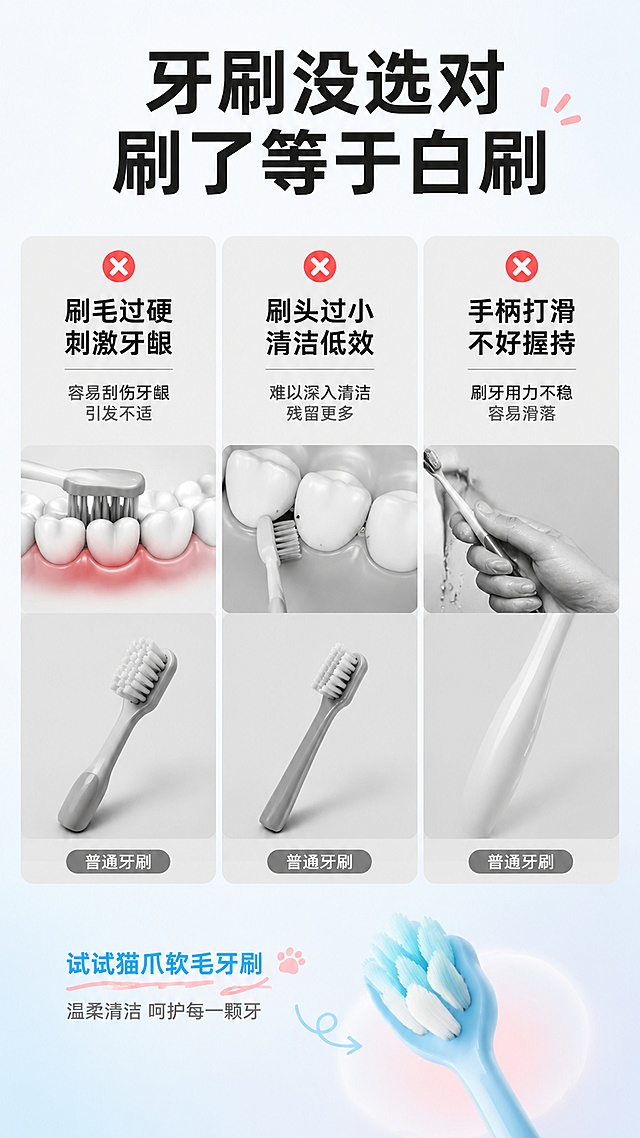 [第2屏] 详情页痛点直击-普通牙刷三大困扰对比。本屏使用【图3】下方云朵蓝猫爪牙刷作为解决方案展示（右侧）。
[氛围/风格] 清新科普风，左右对比构图，左侧痛点偏灰调，右侧解决方案明亮柔和，商业插画+摄影结合质感。
[元素布局] 画面横向分三栏，每栏一个痛点场景：左1「刷毛过硬 刺激牙龈」配牙龈红肿示意图+灰色普通牙刷；左2「刷头过小 清洁低效」配牙齿缝隙残留示意图+小头牙刷；左3「手柄打滑 不好握持」配手滑示意图+光滑手柄。右侧底部露出猫爪牙刷刷头作为解决方案暗示。
[光影质感] 均匀柔光，痛点区域偏冷灰，解决方案区域偏暖亮，形成明暗对比。
[配色色系] 全局底色 #F8F9FC（浅灰白）；痛点区灰色调 #E5E7EB；解决方案区蓝粉色调。
[视角构图] 正面平视，三栏等宽网格布局，阅读动线从上到下、从左到右。
[文字版式] 顶部大标题「牙刷没选对 刷了等于白刷」，粗黑体居中；每栏上方红色小图标+痛点标题（8字内），下方1句说明（12字内）；底部小字引导「试试猫爪软毛牙刷」。文字清晰可读。
[比例分辨率] 9:16 竖版比例，4K分辨率，文字清晰可辨，高清画质。
[负向提示词] 文字错乱，文字过小，医疗化表述，牙龈出血夸张，水印，产品变形。