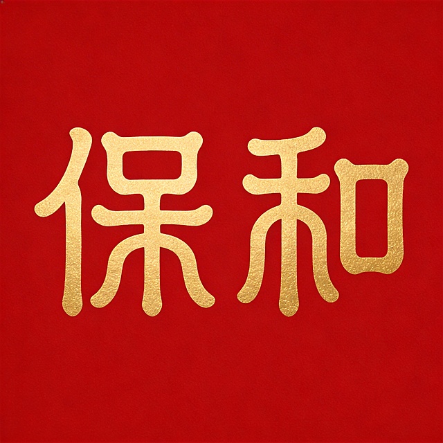 干净的纯红色背景。平面艺术字体设计，两个字"保和"，篆书字形（笔画圆润均匀粗细一致，结构对称古朴厚重），单行横向排列，字体为烫金色，设计为品牌logo，字形古朴典雅结构清晰可识别，字体完整居中占画面约60%面积，四周留有充足留白。比例1:1