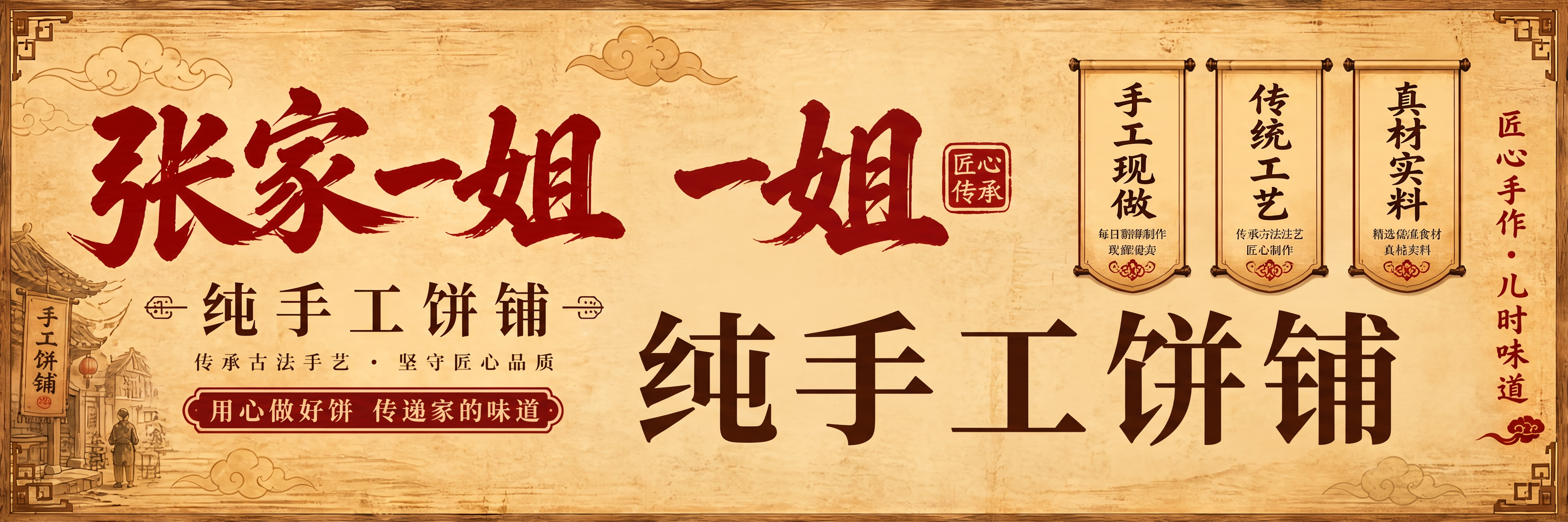 要不饼的图片，把张家一姐，纯手工饼铺"字放大，主要突出字 - 图片创意预览