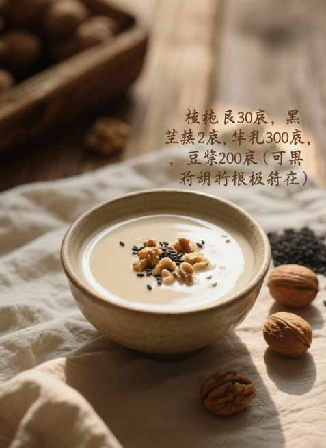 把这些字加在合适的位置，核桃仁30克，黑芝麻20克，牛乳300克，豆浆200克（可用杏仁奶替代），主题突出，文字和画面相辅相成预览效果