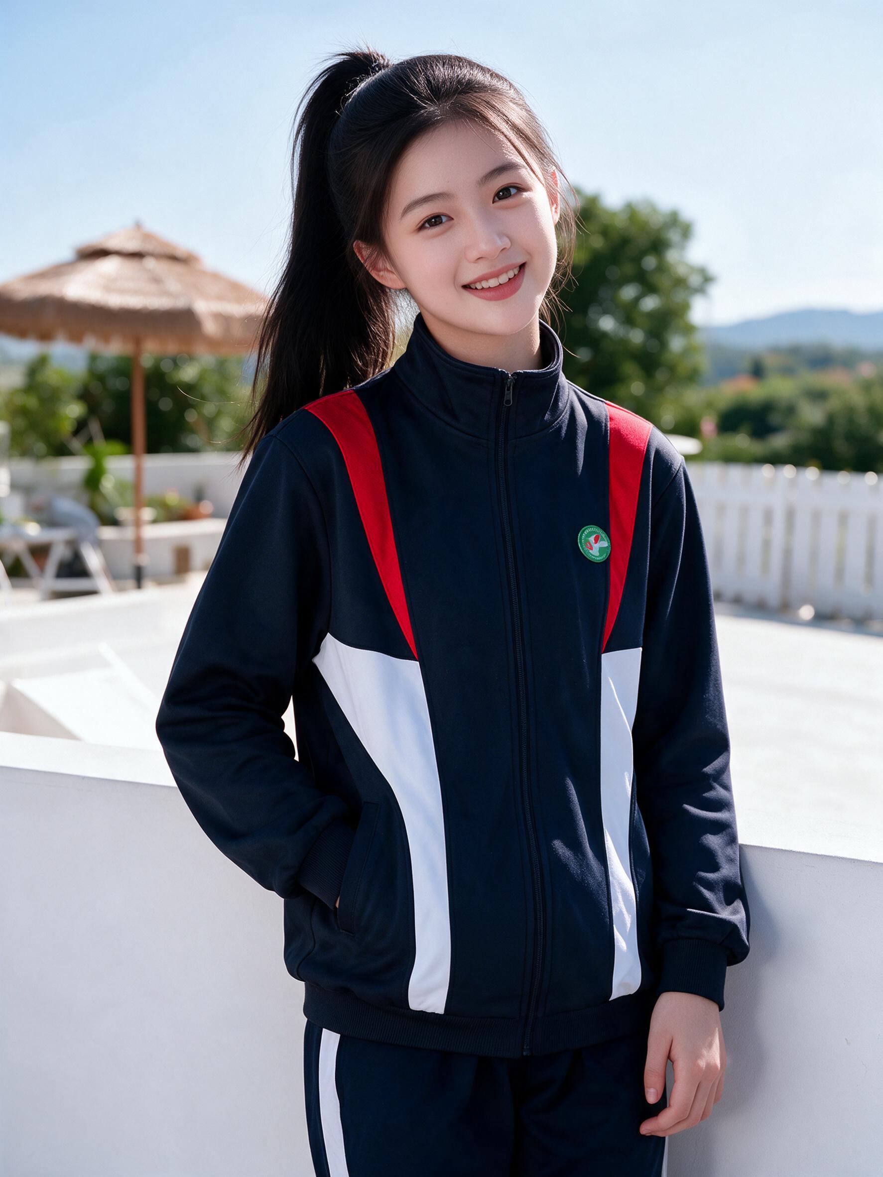 保持参考图中模特的面容、黑色高马尾发型、服装（深藏青拉链夹克+… - 图片创意预览