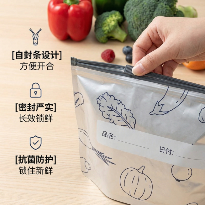 [主图 2] 铝箔保鲜袋核心卖点展示
[氛围/风格] 日式简约，干净明亮，精致生活感
[画面元素] 铝箔保鲜袋放置在浅色木质背景上，重点展示顶部自封条设计，特写展示密封严实的开合结构，一只手正在拉开自预览效果