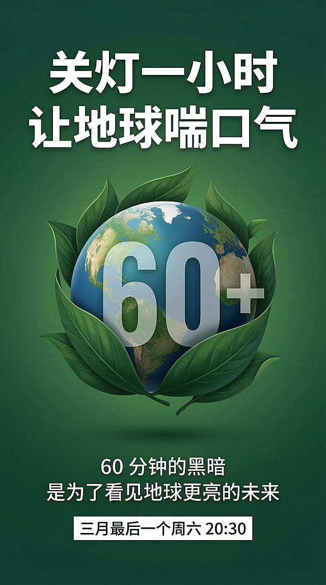 深绿色渐变背景的地球一小时竖版公益海报，自然环保风，居中构图。中央是被深绿色叶片包裹的地球模型，叠加半透明 "60+" 数字。文字部分：顶部白色粗体字 "关灯一小时 让地球喘口气"，底部白色字 "60 分钟的黑暗 是为了看见地球更亮的未来" 及白色框内黑色时间 "三月最后一个周六 20:30"。