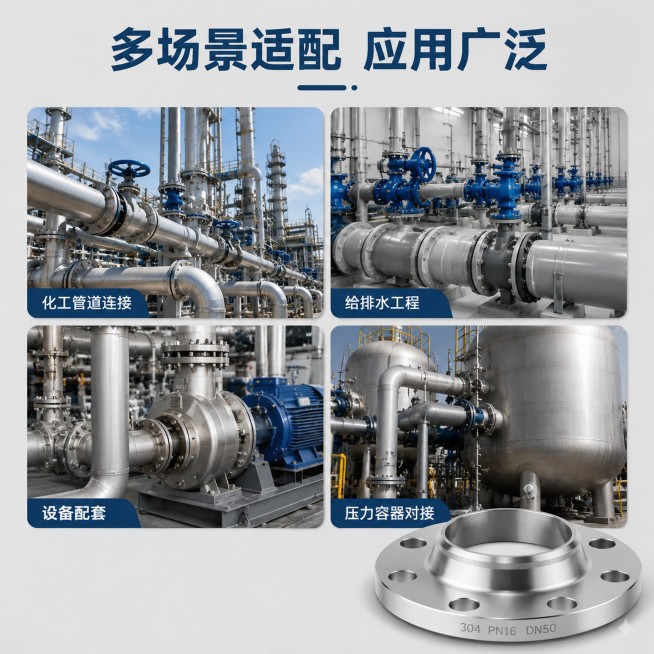 [第3屏] 场景适配页，展示304不锈钢喷砂对焊环活套法兰翻边适用场景。
[氛围/风格] 写实工程风，浅工业灰背景，真实场景氛围感。
[元素布局] 顶部主标题，下方四宫格展示四个典型使用场景：化工管道预览效果