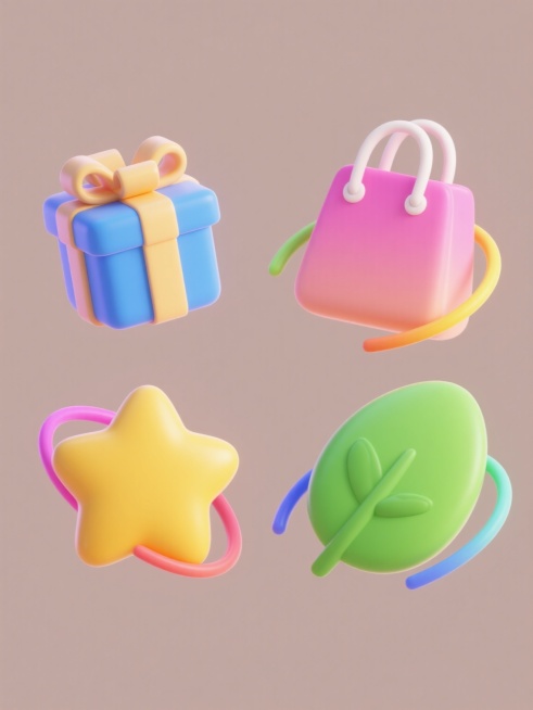 一组四个不同元素的3D立体图标，每个图标均采用光滑渐变材质，具有柔和高光和轻微阴影，呈现出圆润可爱的卡通风格，元素分别为粉色购物袋、蓝色礼盒、黄色星星和绿色叶子，每个图标周围环绕着彩色流线型装饰，整体排列规整，背景为纯色，色彩明快和谐。预览效果