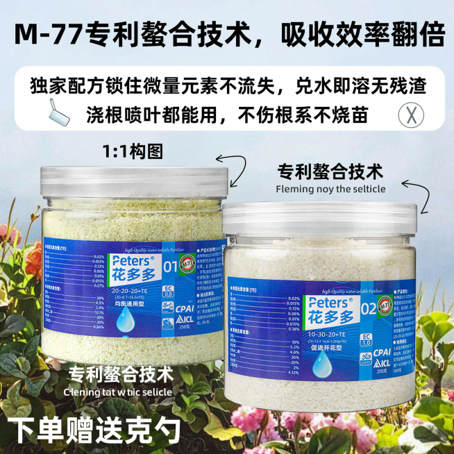 淘宝电商主图，突出展示花多多水溶肥的专利优势，主标题：M-77专利螯合技术，吸收效率翻倍，卖点：独家配方锁住微量元素不流失，兑水即溶无残渣，浇根喷叶都能用，不伤根系不烧苗。展示花多多1号和2号产品，添预览效果